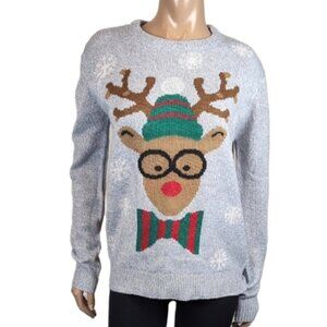 Ugly Christmas Sweater Nerdy Reindeer Happy Holidays Knit Pullover Snowflake